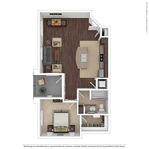 Floor plan for 1 bed, 1 bath, 766 sqft